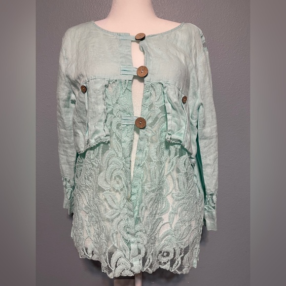 Ali Miles Tops - Ali Miles Teal Boho Tunic Top Lace Faux Pockets Lagenlook Resort Boho Large